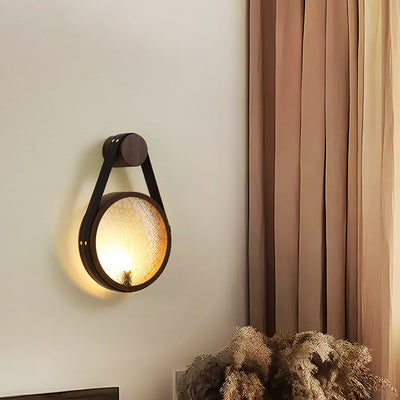Traditional Japanese Tote Shape Round Iron Glass 1-Light Wall Sconce Lamp For Bedroom