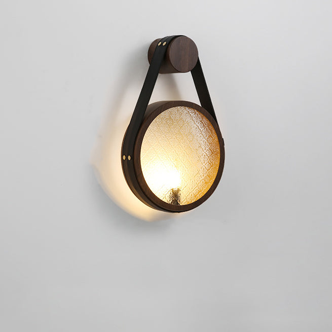 Traditional Japanese Tote Shape Round Iron Glass 1-Light Wall Sconce Lamp For Bedroom