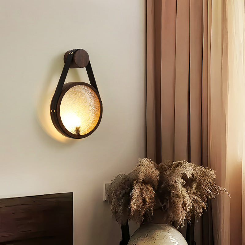 Traditional Japanese Tote Shape Round Iron Glass 1-Light Wall Sconce Lamp For Bedroom