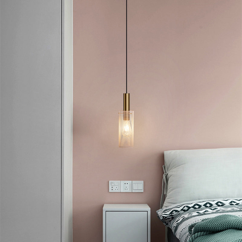 Cylindre en grille alvéolée minimaliste moderne en fer avec une suspension à 1 lumière pour chambre 