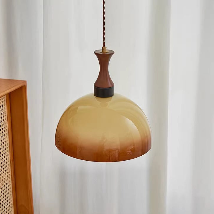 Contemporary Scandinavian Cream Round Cone Solid Wood Glass 1-Light Pendant Light For Dining Room