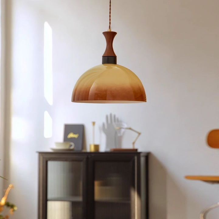 Contemporary Scandinavian Cream Round Cone Solid Wood Glass 1-Light Pendant Light For Dining Room