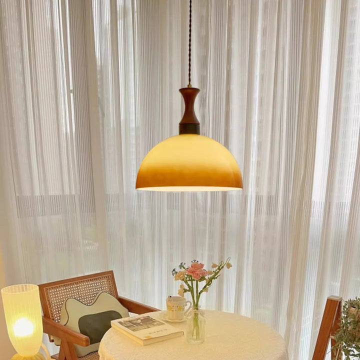 Contemporary Scandinavian Cream Round Cone Solid Wood Glass 1-Light Pendant Light For Dining Room