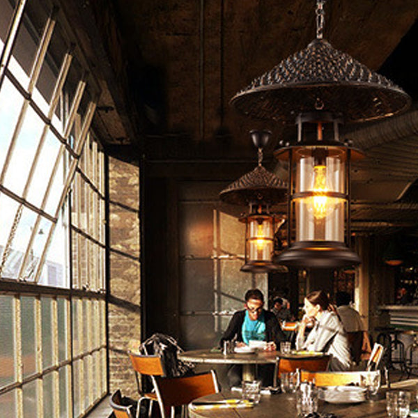 Cône de chapeau industriel contemporain cylindre en fer bambou verre suspension à 1 lumière pour salon 