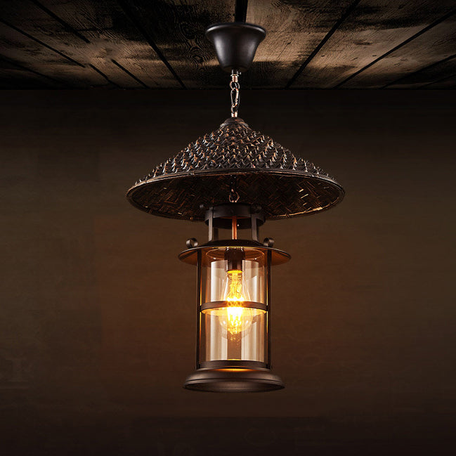 Cône de chapeau industriel contemporain cylindre en fer bambou verre suspension à 1 lumière pour salon 