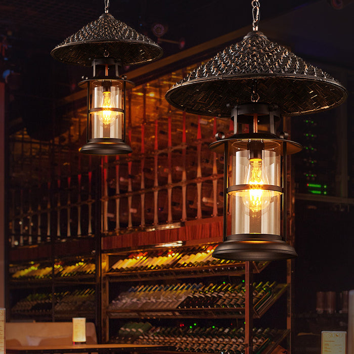 Cône de chapeau industriel contemporain cylindre en fer bambou verre suspension à 1 lumière pour salon 