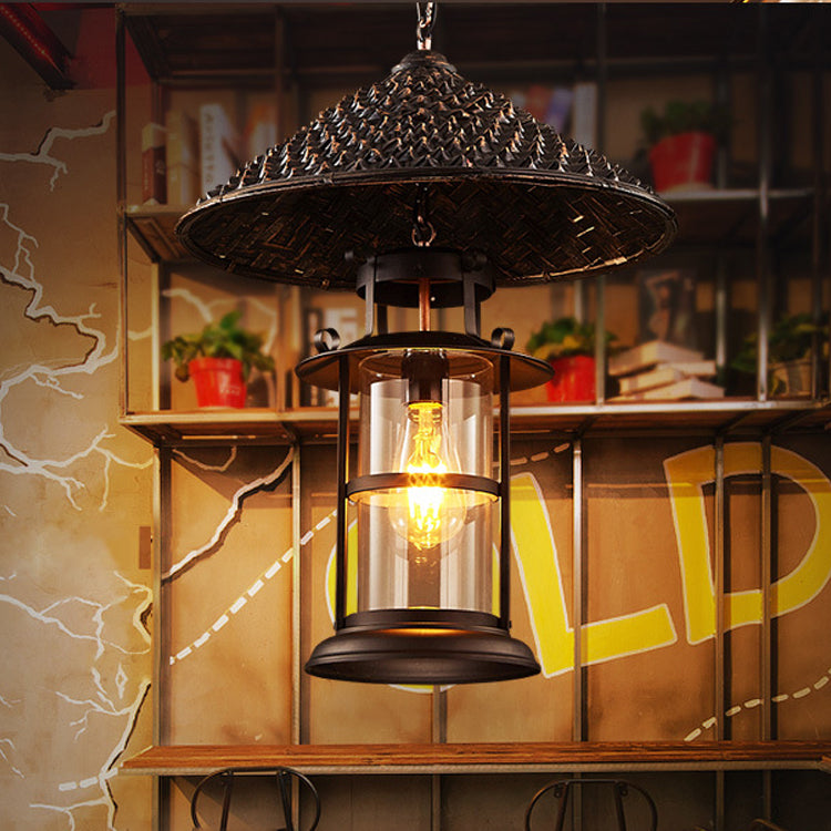 Cône de chapeau industriel contemporain cylindre en fer bambou verre suspension à 1 lumière pour salon 