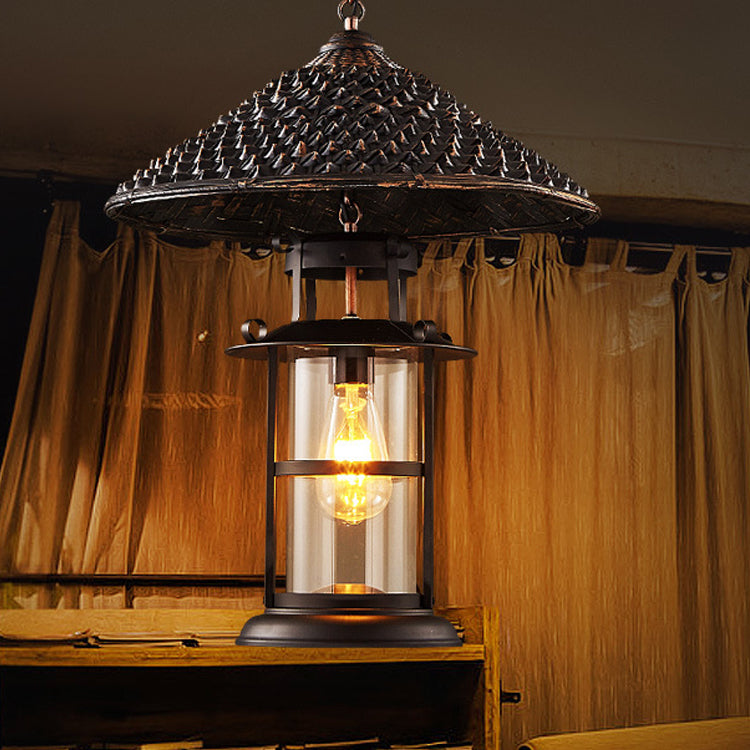 Cône de chapeau industriel contemporain cylindre en fer bambou verre suspension à 1 lumière pour salon 