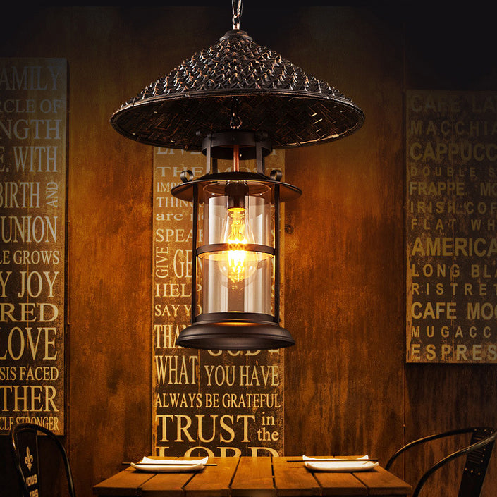 Cône de chapeau industriel contemporain cylindre en fer bambou verre suspension à 1 lumière pour salon 