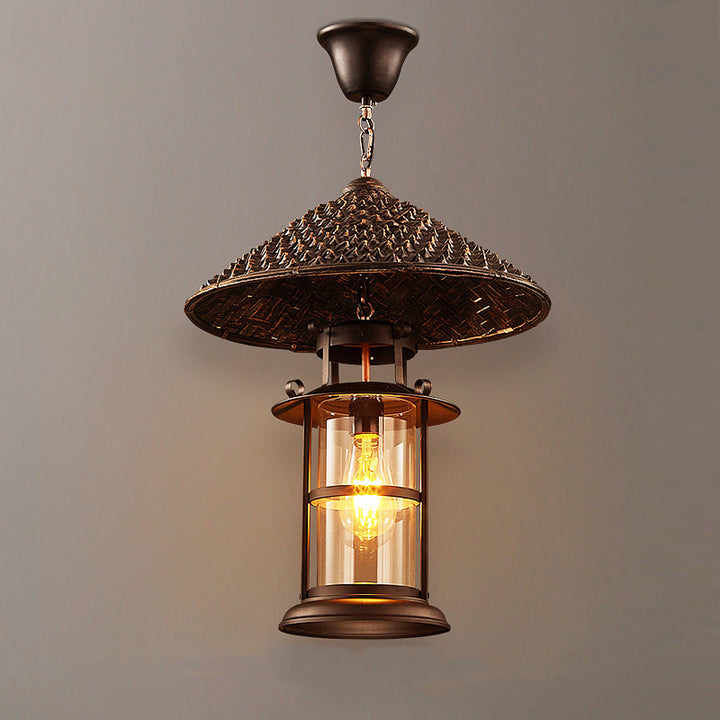 Contemporary Industrial Hat Cone Cylinder Iron Bamboo Glass 1-Light Pendant Light For Living Room
