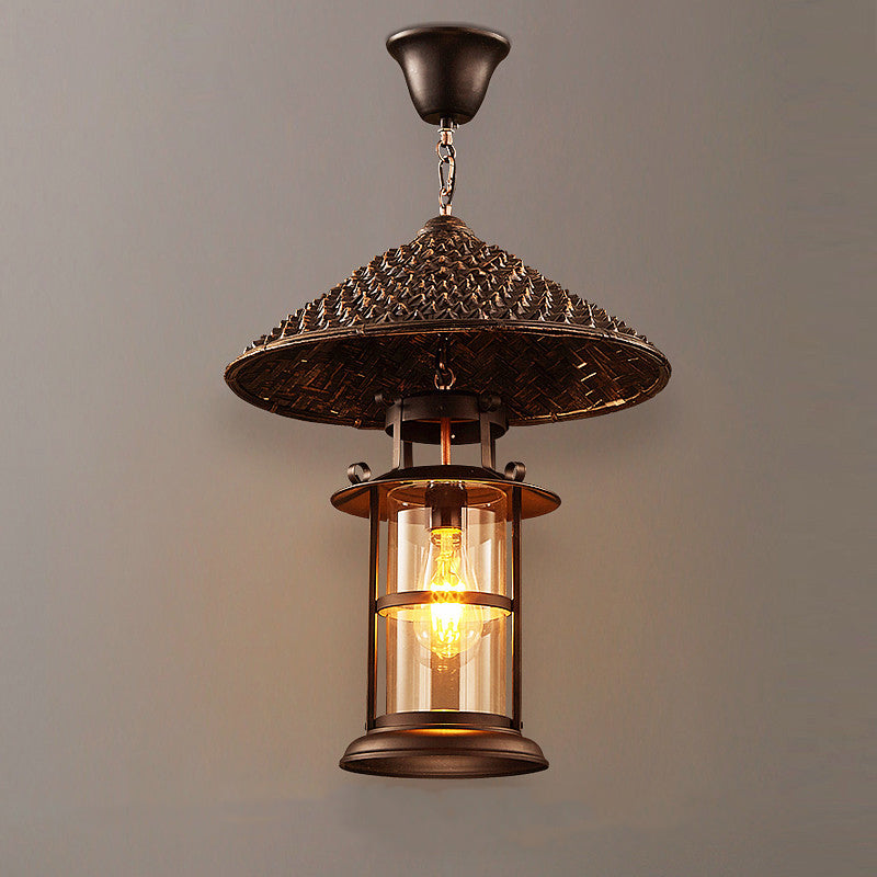 Cône de chapeau industriel contemporain cylindre en fer bambou verre suspension à 1 lumière pour salon 