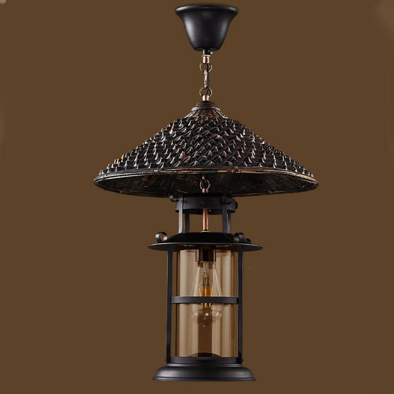 Cône de chapeau industriel contemporain cylindre en fer bambou verre suspension à 1 lumière pour salon 