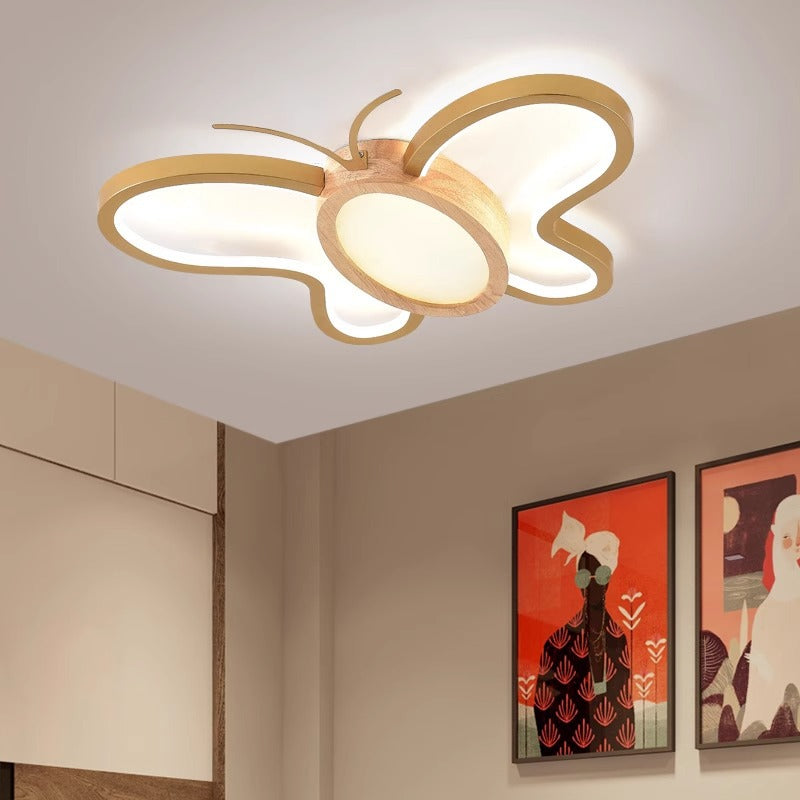 Luz de techo LED empotrada de forma de mariposa de hardware acrílico y madera de caucho para dormitorio para niños creativos contemporáneos 