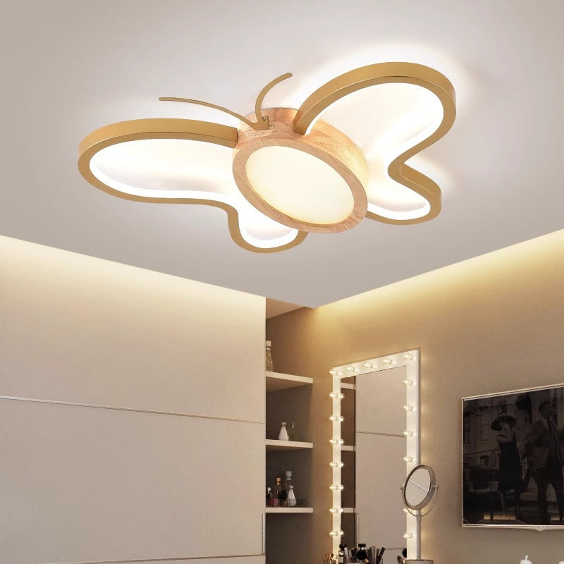 Luz de techo LED empotrada de forma de mariposa de hardware acrílico y madera de caucho para dormitorio para niños creativos contemporáneos 