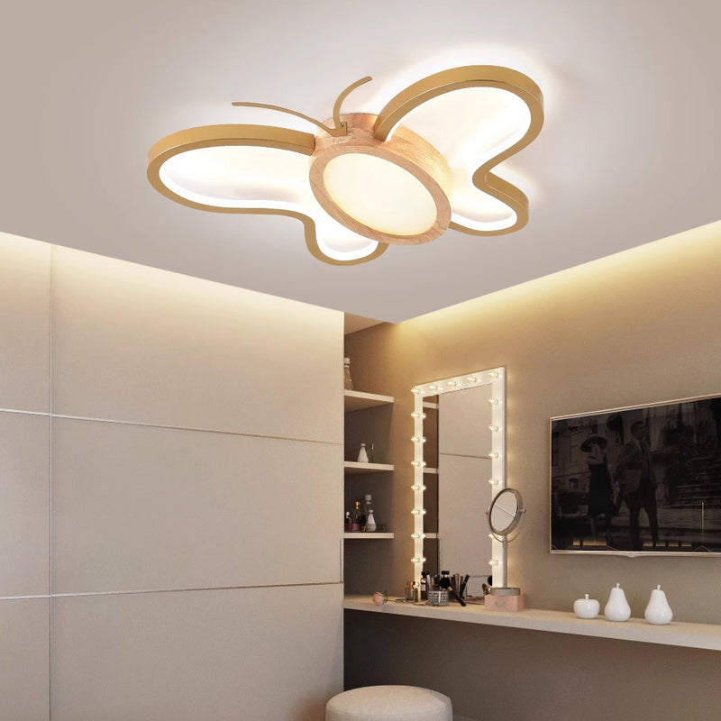 Luz de techo LED empotrada de forma de mariposa de hardware acrílico y madera de caucho para dormitorio para niños creativos contemporáneos 