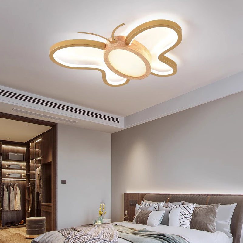 Luz de techo LED empotrada de forma de mariposa de hardware acrílico y madera de caucho para dormitorio para niños creativos contemporáneos 