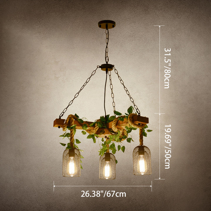 Traditional Rustic Round Cylinder Iron Wood Hemp Rope 3/6/8 Light Chandelier For Dining Room