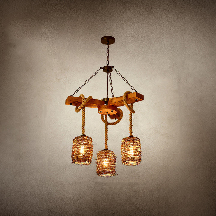Traditional Rustic Round Cylinder Iron Wood Hemp Rope 3/6/8 Light Chandelier For Dining Room