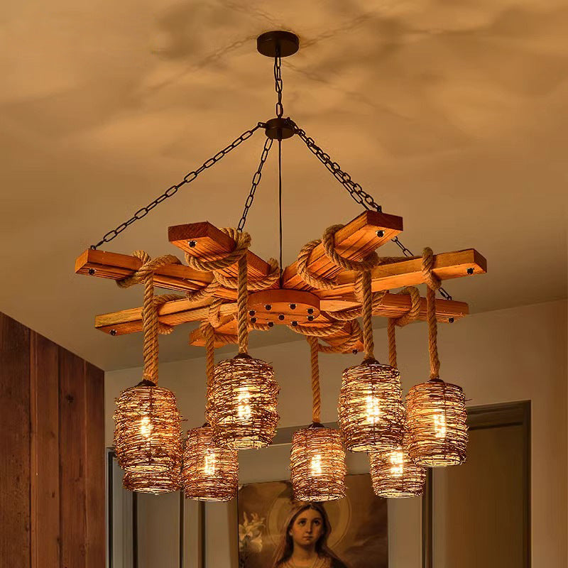 Traditioneller rustikaler runder Zylinder Eisen Holz Hanfseil 3/6/8 Licht Kronleuchter für Esszimmer 
