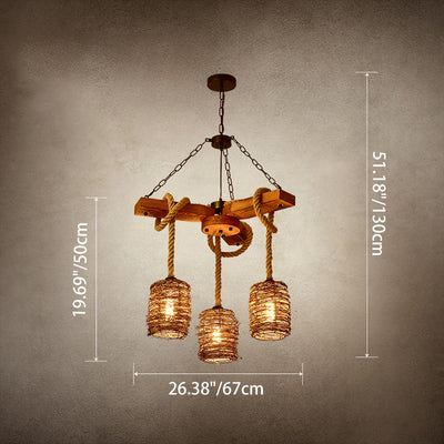 Traditioneller rustikaler runder Zylinder Eisen Holz Hanfseil 3/6/8 Licht Kronleuchter für Esszimmer 