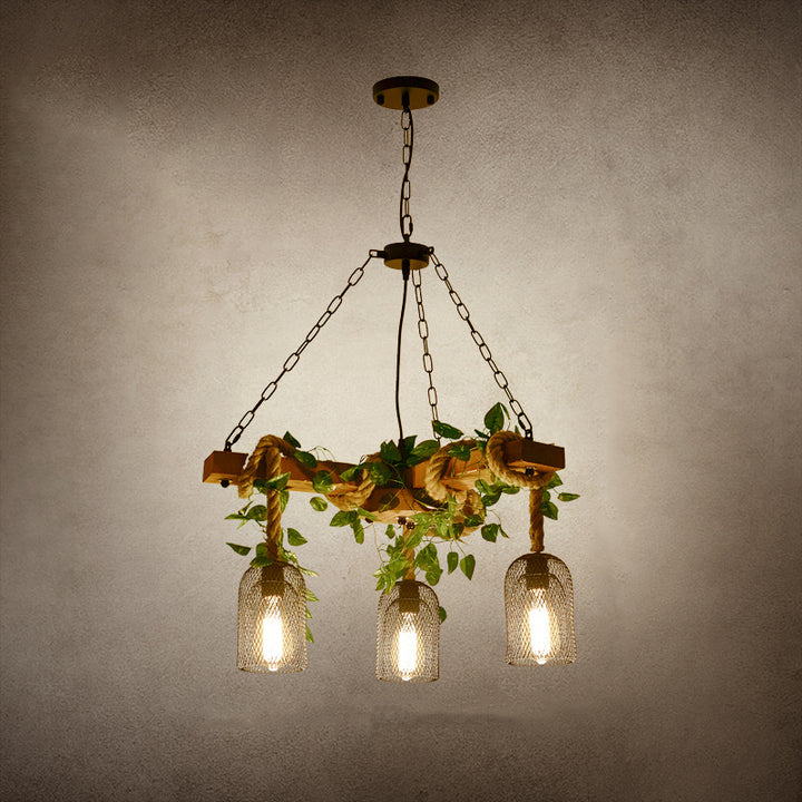 Traditional Rustic Round Cylinder Iron Wood Hemp Rope 3/6/8 Light Chandelier For Dining Room