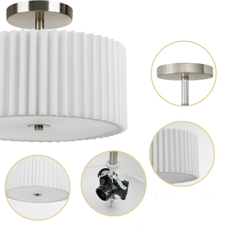 Moderne minimalistische plissierte runde Zylinder Metall Stoff Acryl 3-Licht Semi-Flush Mount Deckenleuchte für das Schlafzimmer 
