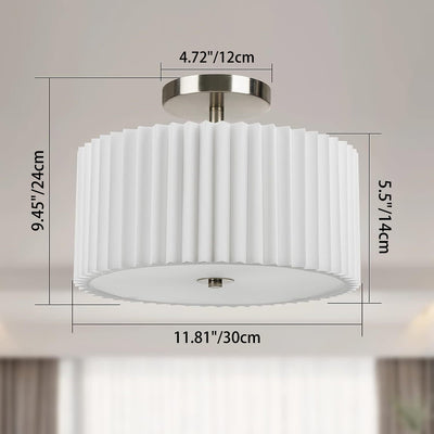 Moderne minimalistische plissierte runde Zylinder Metall Stoff Acryl 3-Licht Semi-Flush Mount Deckenleuchte für das Schlafzimmer 