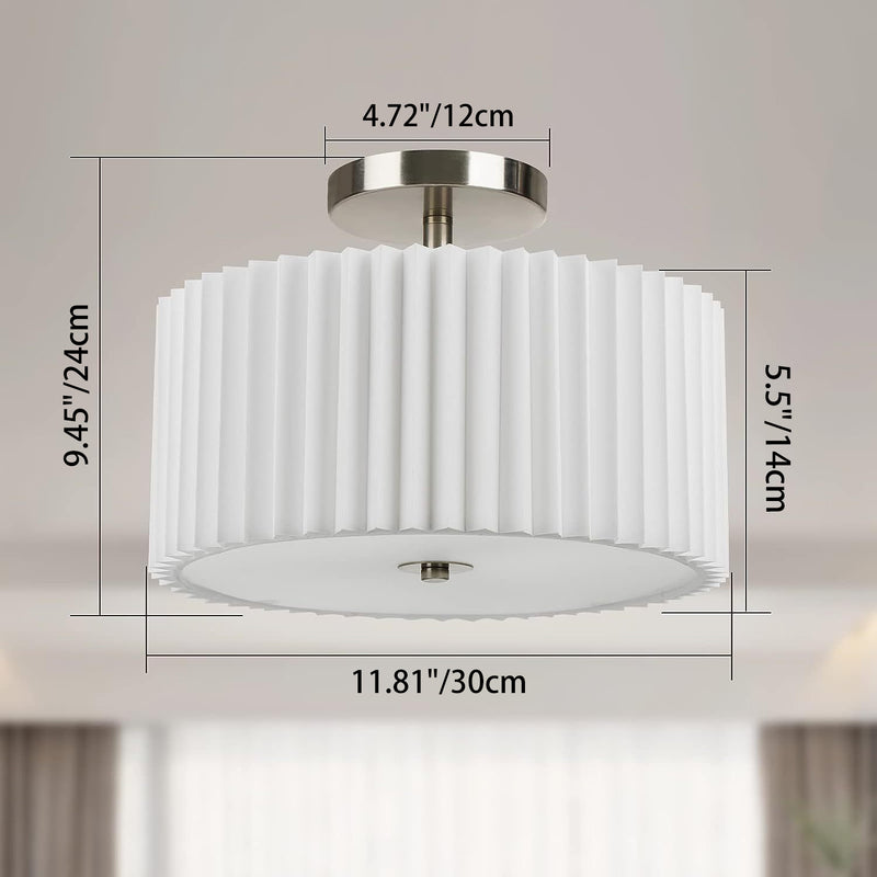 Moderne minimalistische plissierte runde Zylinder Metall Stoff Acryl 3-Licht Semi-Flush Mount Deckenleuchte für das Schlafzimmer 