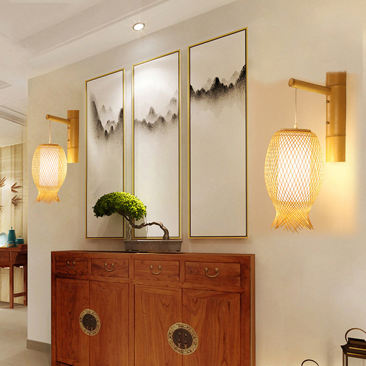 Contemporary Creative Jellyfish Oval Bamboo 1-Light Wall Sconce Lamp For Hallway