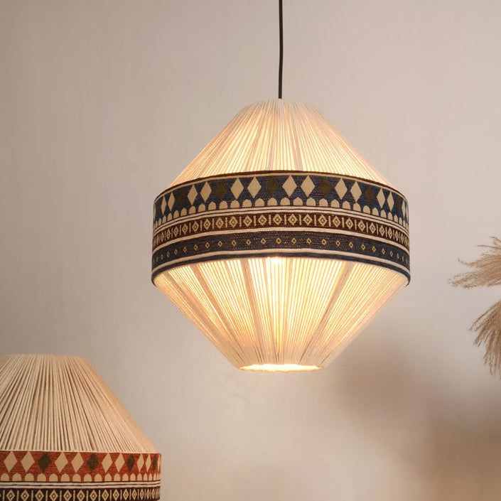 Suspension Luminaire Contemporain Bohème Forme Gyro Cône Rond en Corde de Coton Tissu 1-Lumière Pour Salle à Manger 