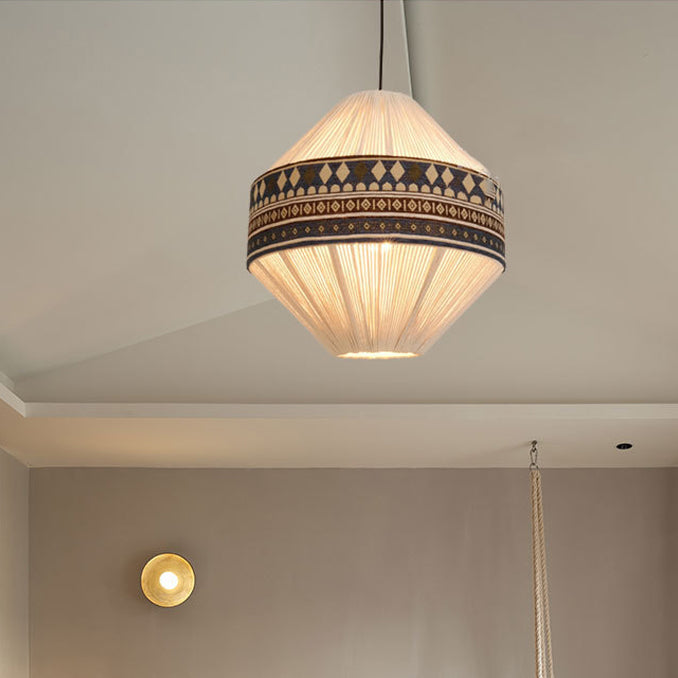 Suspension Luminaire Contemporain Bohème Forme Gyro Cône Rond en Corde de Coton Tissu 1-Lumière Pour Salle à Manger 