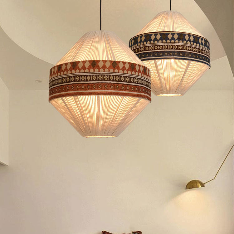 Suspension Luminaire Contemporain Bohème Forme Gyro Cône Rond en Corde de Coton Tissu 1-Lumière Pour Salle à Manger 