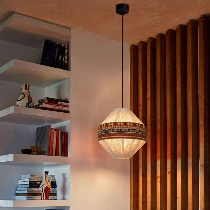 Suspension Luminaire Contemporain Bohème Forme Gyro Cône Rond en Corde de Coton Tissu 1-Lumière Pour Salle à Manger 