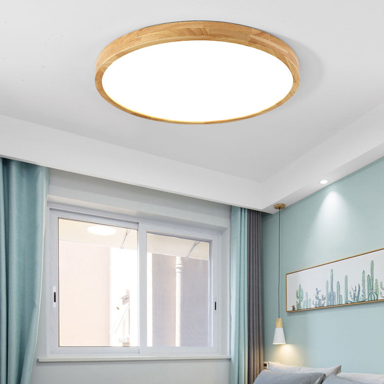 Plafonnier LED en bois de caoutchouc acrylique à dôme rond minimaliste moderne pour chambre à coucher 