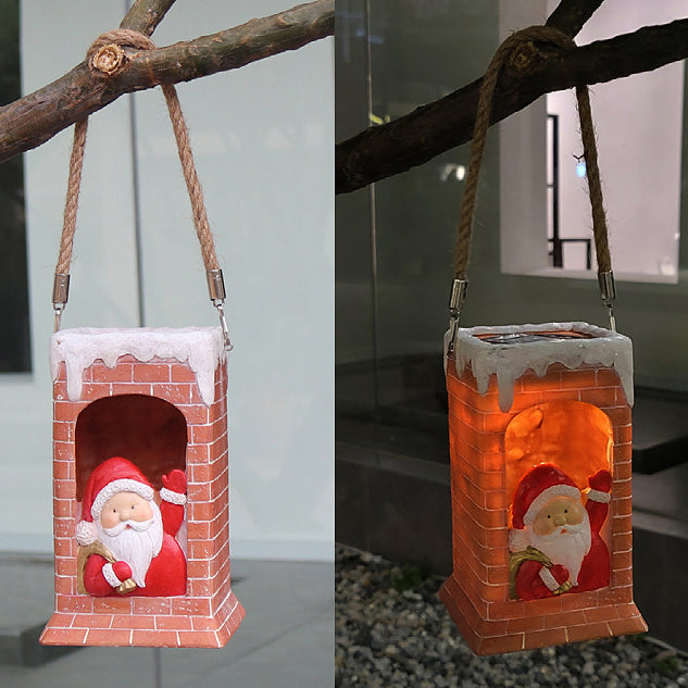 Contemporary Creative Hangable Solar Waterproof Chimney Santa Claus Rectangle Resin LED Outdoor Light For Patio