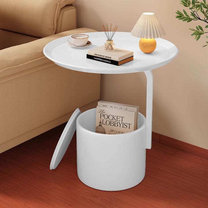 Modern Minimalist Cream Round Cylinder Iron Side Table 1-Storage For Living Room