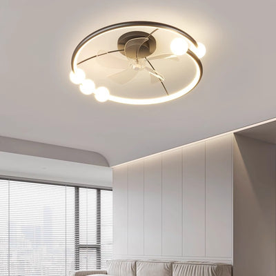 Modern Minimalist Round Orb Iron Aluminum Silicone LED Flush Mount Ceiling Fan Light For Bedroom