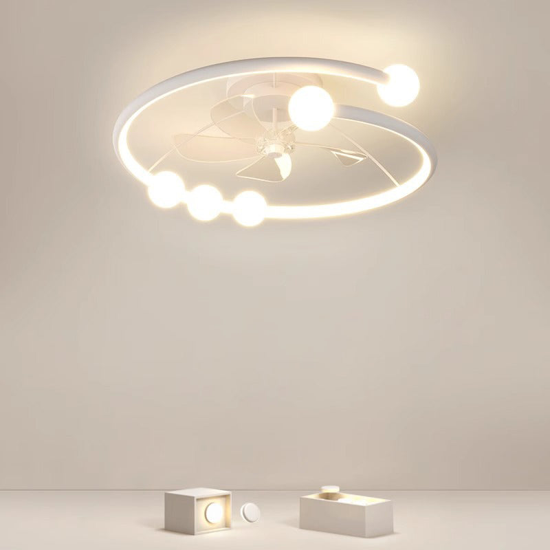 Modern Minimalist Round Orb Iron Aluminum Silicone LED Flush Mount Ceiling Fan Light For Bedroom