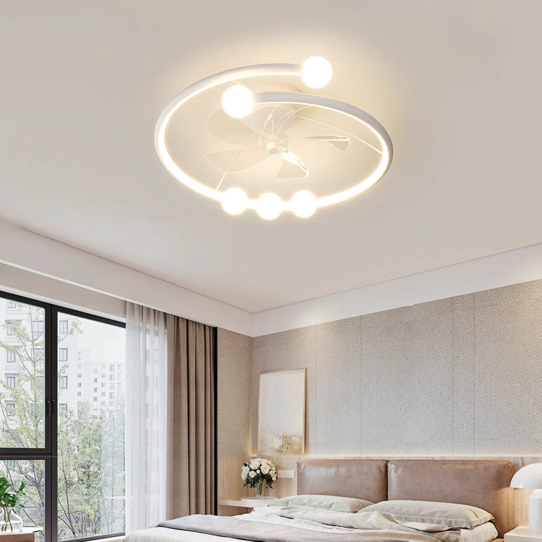 Modern Minimalist Round Orb Iron Aluminum Silicone LED Flush Mount Ceiling Fan Light For Bedroom