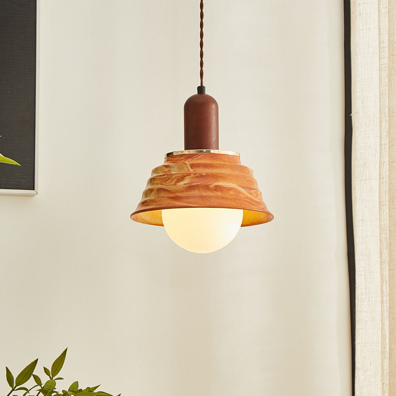 Traditional Japanese Round Floral Wood Ceramic 1-Light Pendant Light For Bedroom