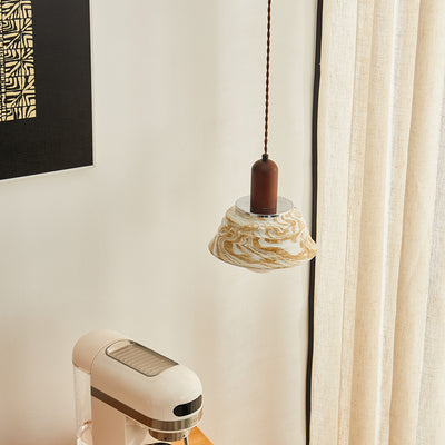 Traditional Japanese Round Floral Wood Ceramic 1-Light Pendant Light For Bedroom
