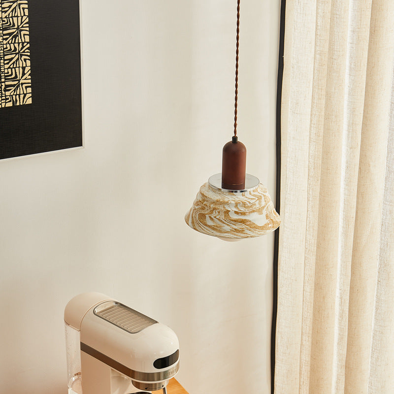 Traditional Japanese Round Floral Wood Ceramic 1-Light Pendant Light For Bedroom