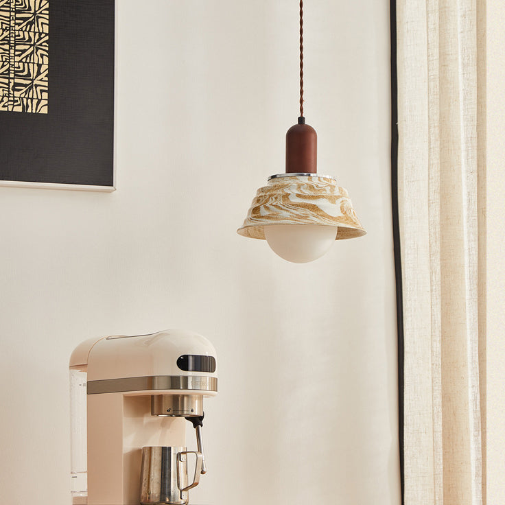 Traditional Japanese Round Floral Wood Ceramic 1-Light Pendant Light For Bedroom