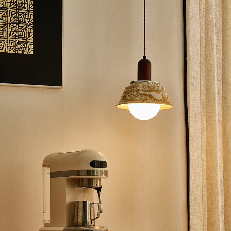 Traditional Japanese Round Floral Wood Ceramic 1-Light Pendant Light For Bedroom