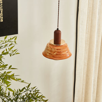 Traditional Japanese Round Floral Wood Ceramic 1-Light Pendant Light For Bedroom