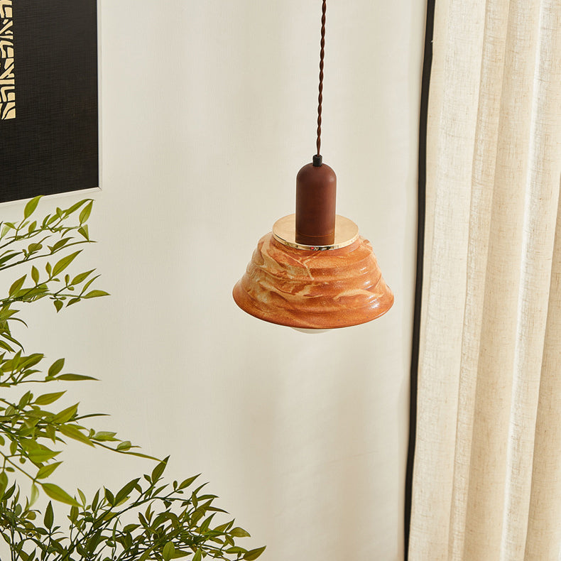 Traditional Japanese Round Floral Wood Ceramic 1-Light Pendant Light For Bedroom