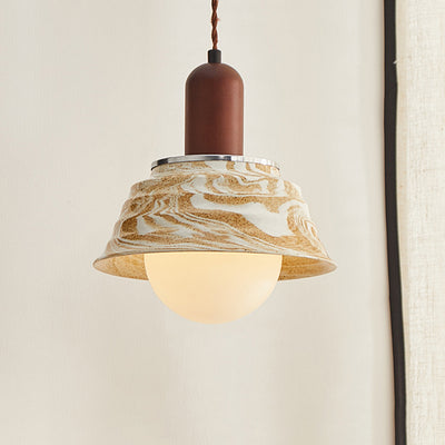 Traditional Japanese Round Floral Wood Ceramic 1-Light Pendant Light For Bedroom