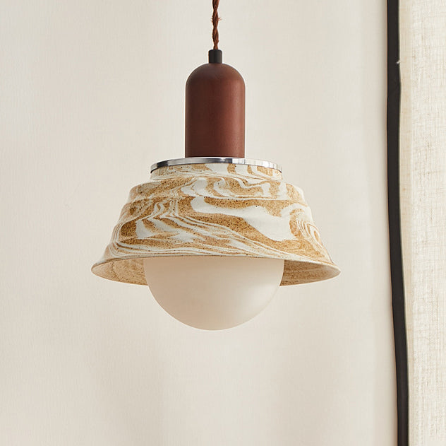 Traditional Japanese Round Floral Wood Ceramic 1-Light Pendant Light For Bedroom