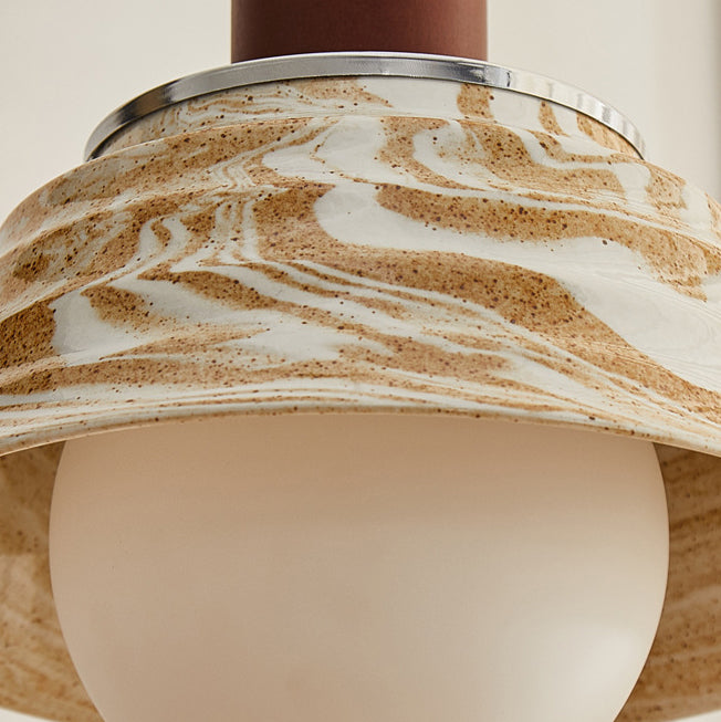 Traditional Japanese Round Floral Wood Ceramic 1-Light Pendant Light For Bedroom
