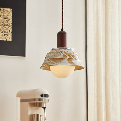 Traditional Japanese Round Floral Wood Ceramic 1-Light Pendant Light For Bedroom